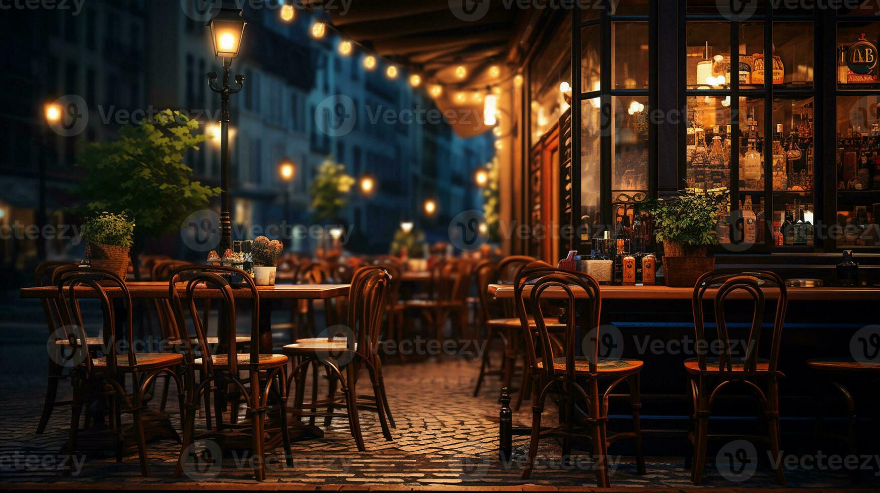 Cozy cafe bistro with blurred background and wooden montage. Generative AI photo