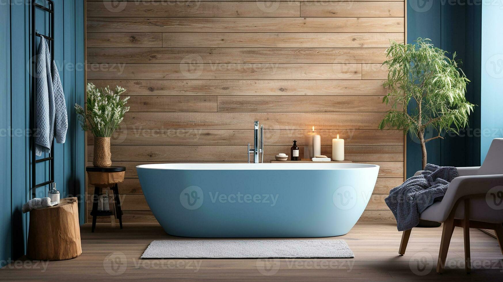 Comfortable bathtub and vanity with basin standing in modern bathroom with blue and wooden walls and wooden floor. Generative AI photo