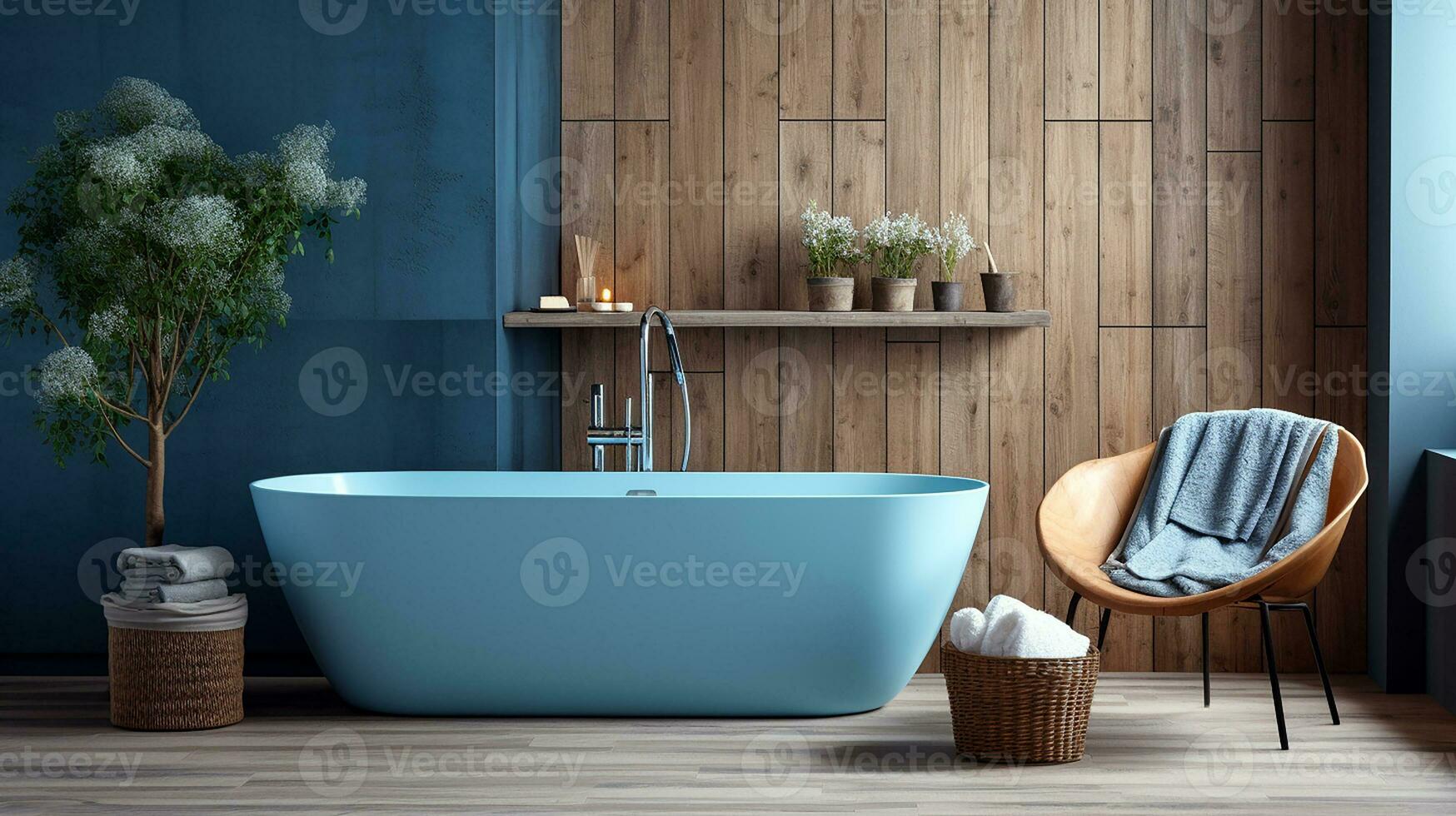 Comfortable bathtub and vanity with basin standing in modern bathroom with blue and wooden walls and wooden floor. Generative AI photo