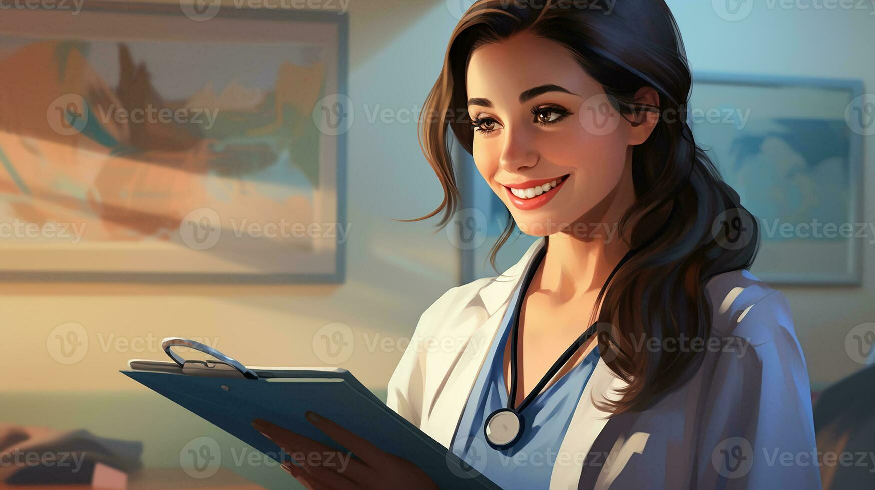 Female doctor with clipboard talking to smiling woman patient at hospital. Generative AI photo