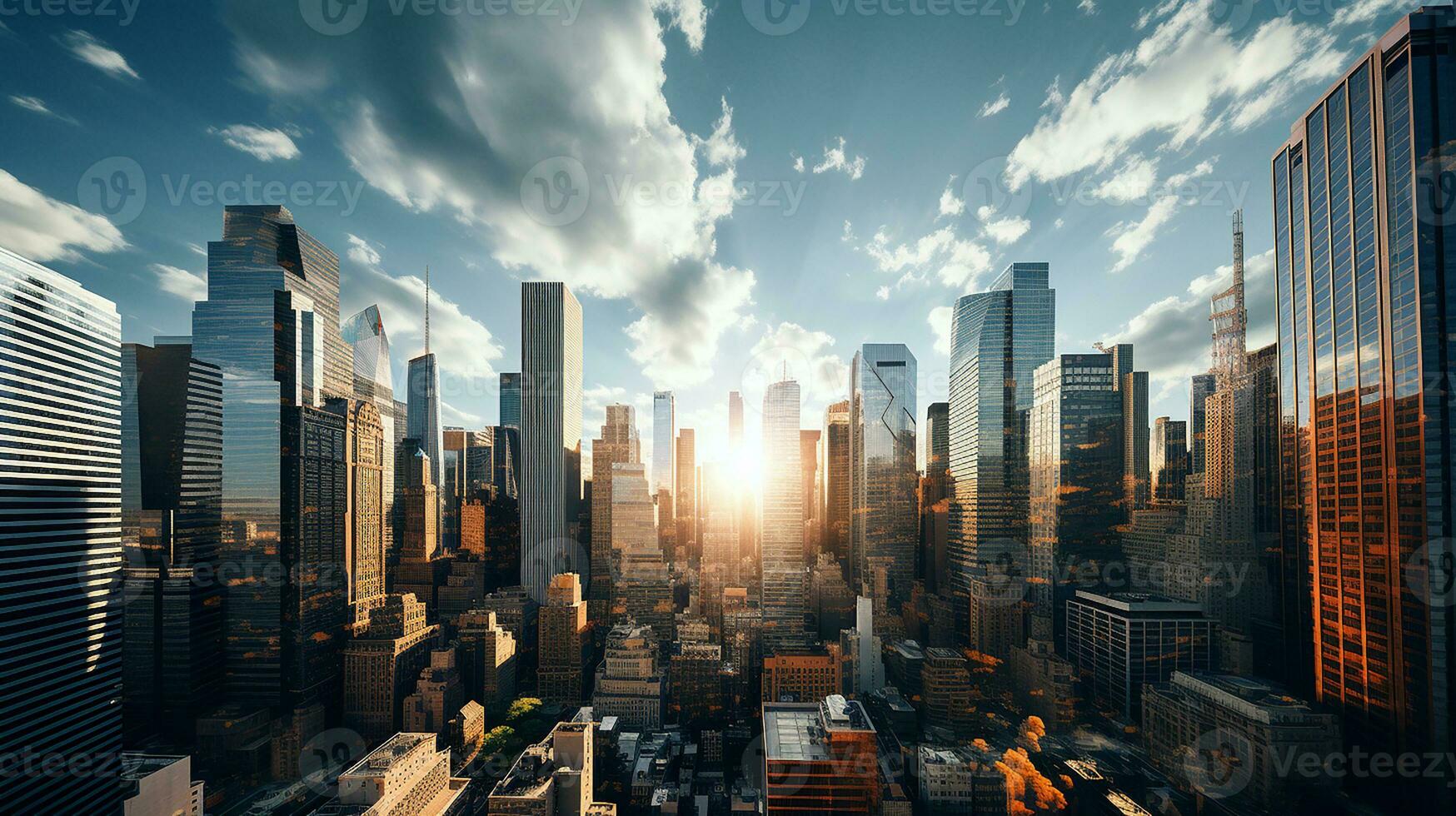Reflective skyscrapers, business office buildings. low angle view of skyscrapers in city, sunny day. Business wallpaper with modern high-rises with mirrored windows. Generative AI photo
