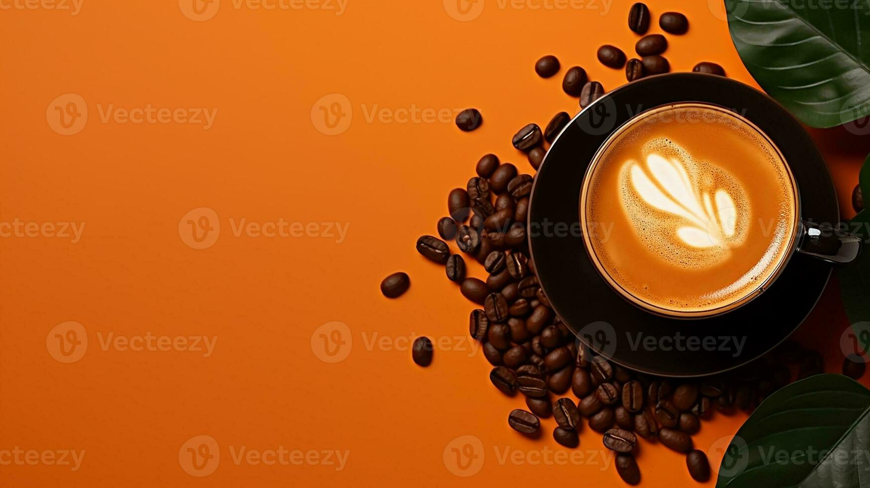 High angle cup of cappuccino with latte art on brown background. Beautiful wheat pulled into the foam, greenery ceramic cup, lots of coffee beans and leaf beside the glass. Generative AI photo