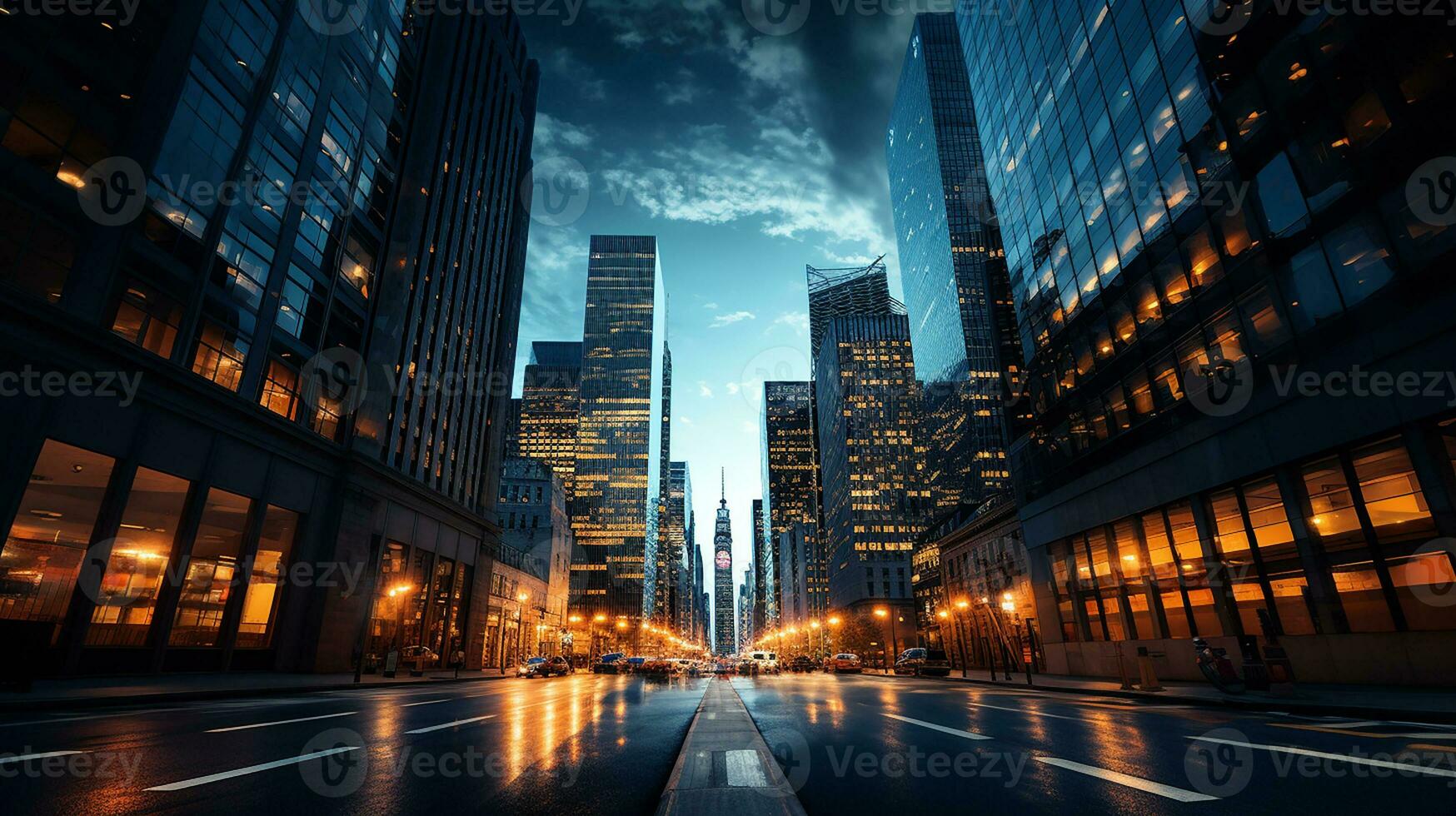 Reflective skyscrapers, business office buildings. low angle view of skyscrapers in city, sunny day. Business wallpaper with modern high-rises with mirrored windows. Generative AI photo