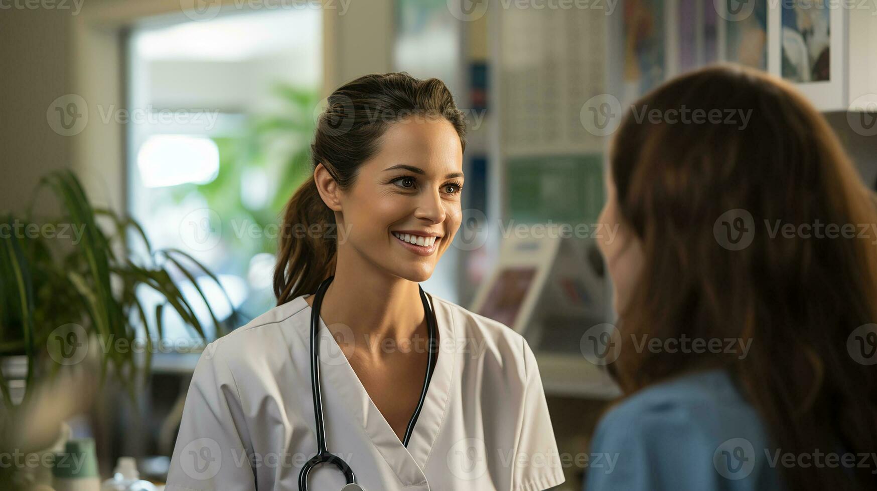 Female doctor with clipboard talking to smiling woman patient discussing something at hospital. Medicine and healthcare concepts. Generative AI photo
