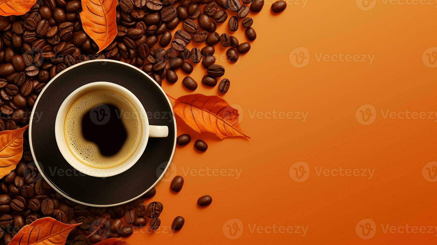 High angle cup of cappuccino with latte art on brown background. Beautiful wheat pulled into the foam, greenery ceramic cup, lots of coffee beans and leaf beside the glass. Generative AI photo