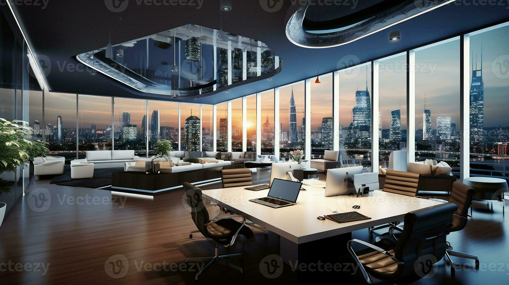 Modern office interior with panoramic windows and beautiful lighting. Generative AI photo