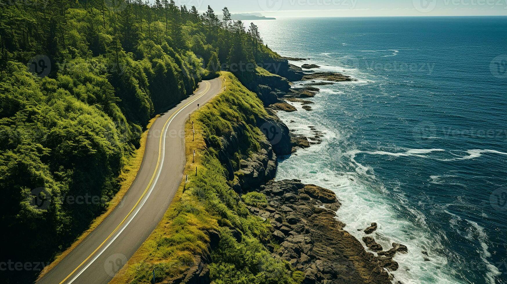 Top down aerial view of winding forest road in green mountain spruce woods. Generative AI photo