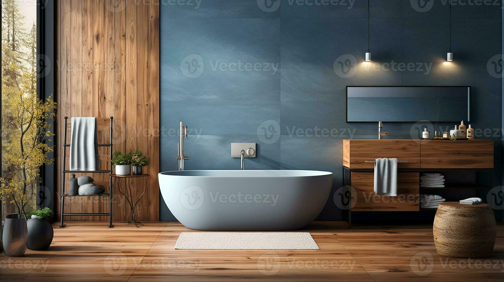 Comfortable bathtub and vanity with basin standing in modern bathroom with blue and wooden walls and wooden floor. Generative AI photo