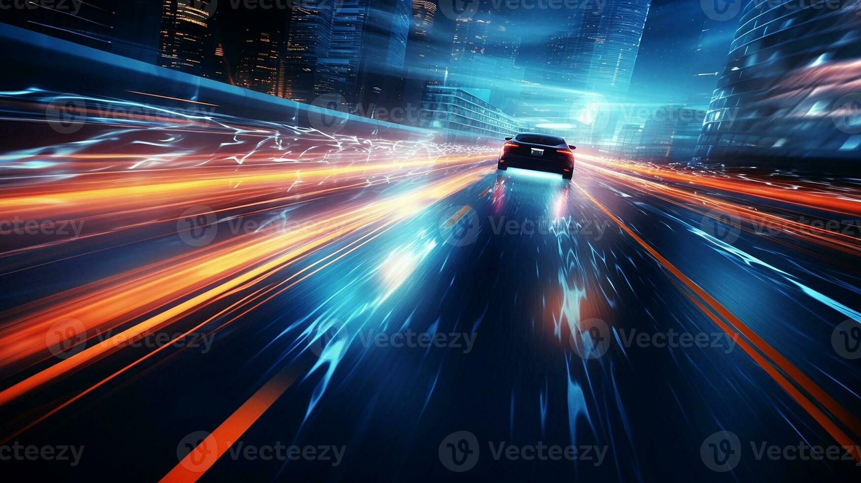 Car motion trails. Speed light streaks background with blurred fast moving light effect, Racing cars dynamic flash effects city road with long exposure night lights. Generative AI photo