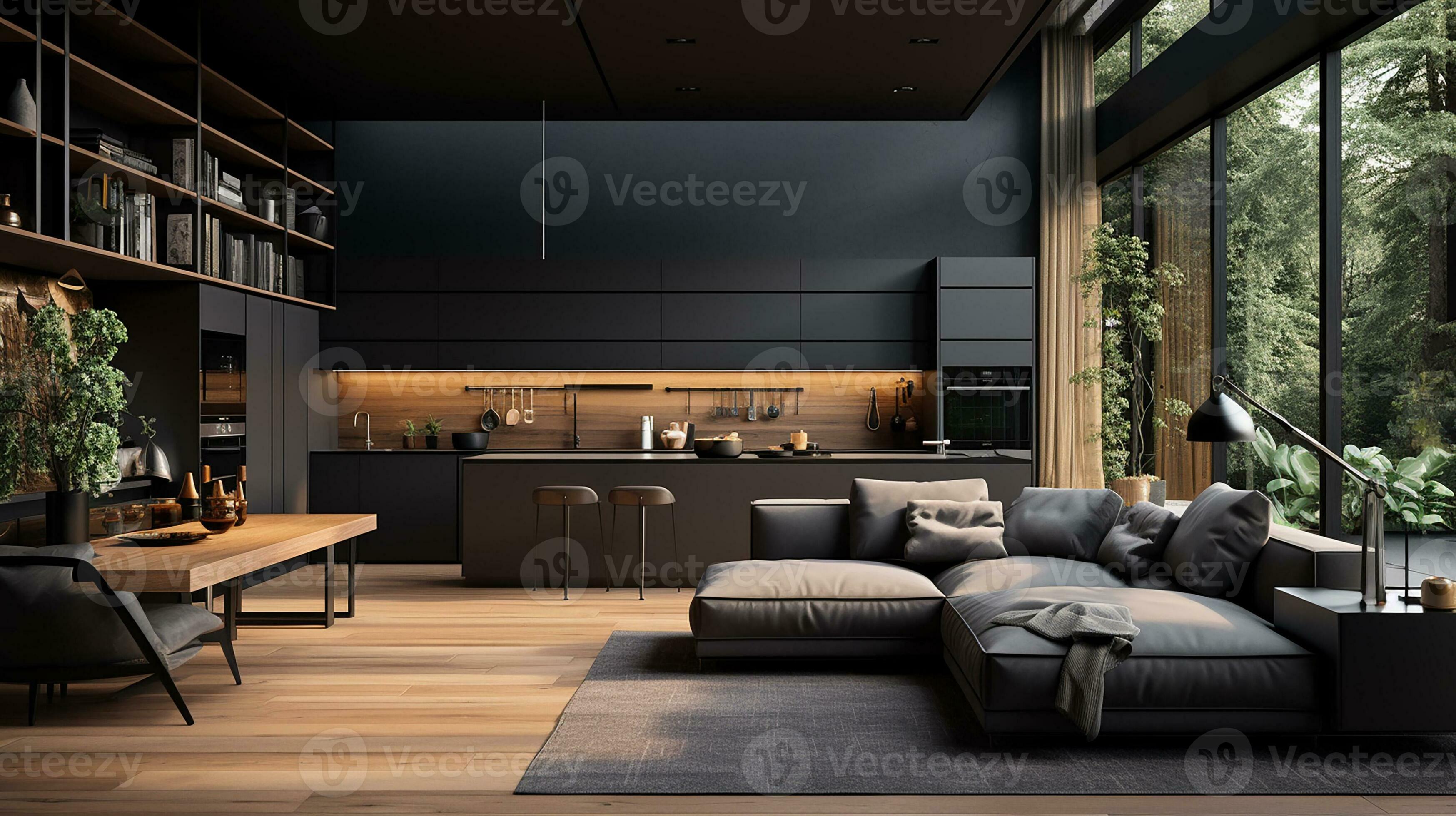 https://static.vecteezy.com/system/resources/previews/031/210/580/large_2x/modern-interior-design-kitchen-and-bright-spacious-room-with-a-comfortable-sofa-plants-and-elegant-accessories-black-walls-parquet-floor-generative-ai-photo.jpg