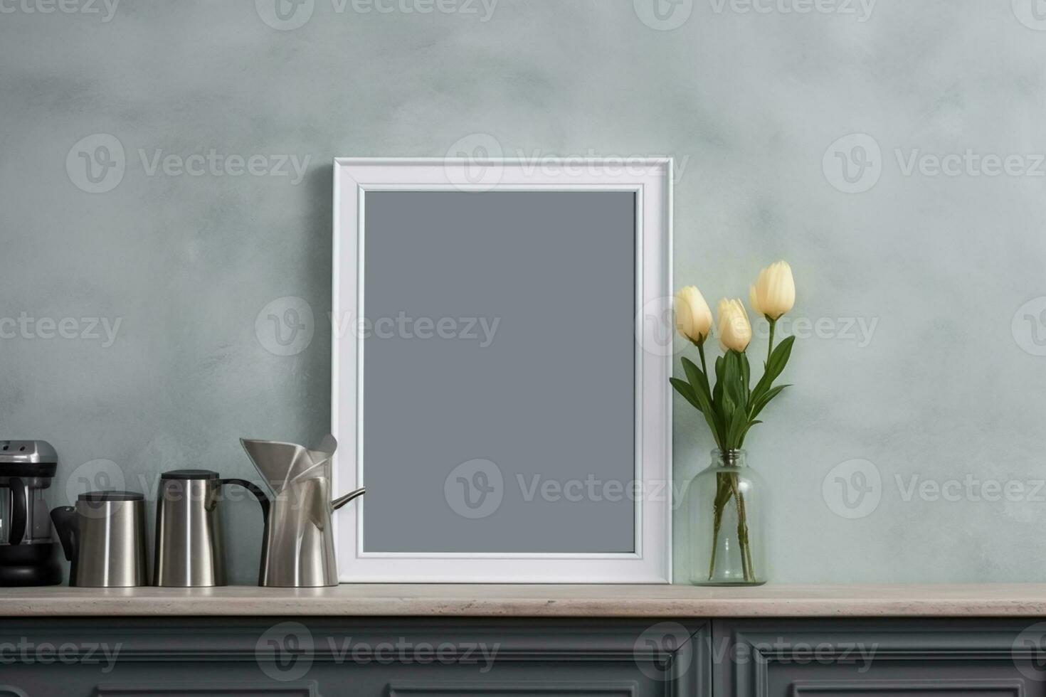 Mock up poster frame in kitchen interior on empty grey color wall background. Generative AI photo