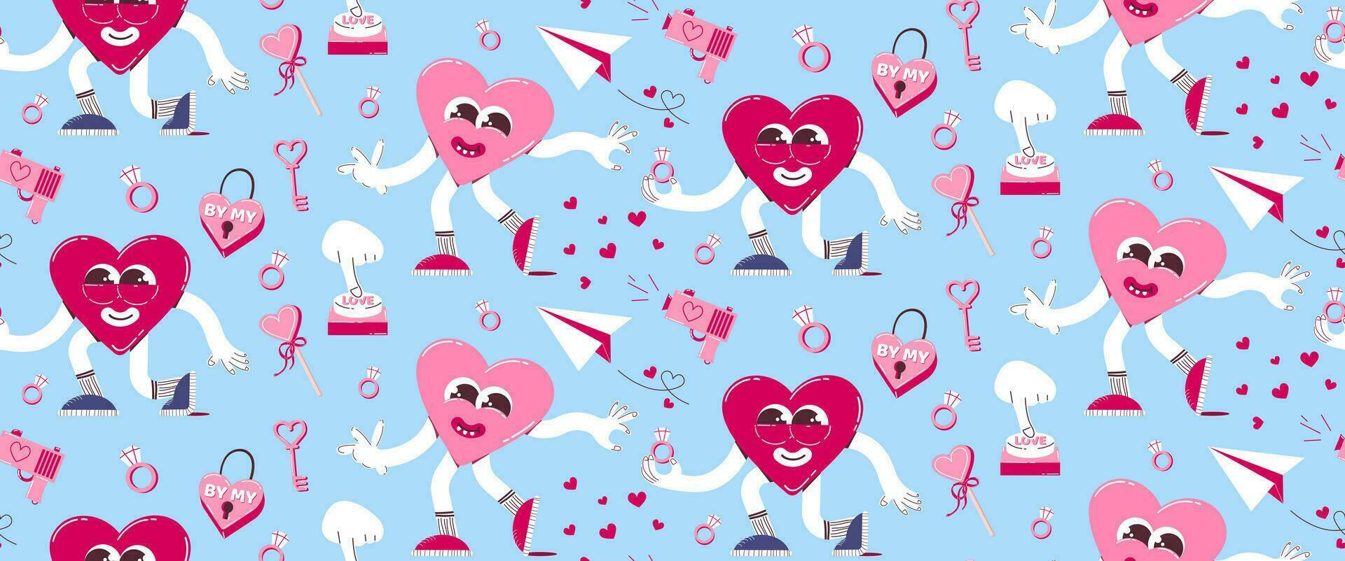 Pattern with cute heart character, marriage proposal concept in retro cartoon style. Vector background for Valentine's Day.