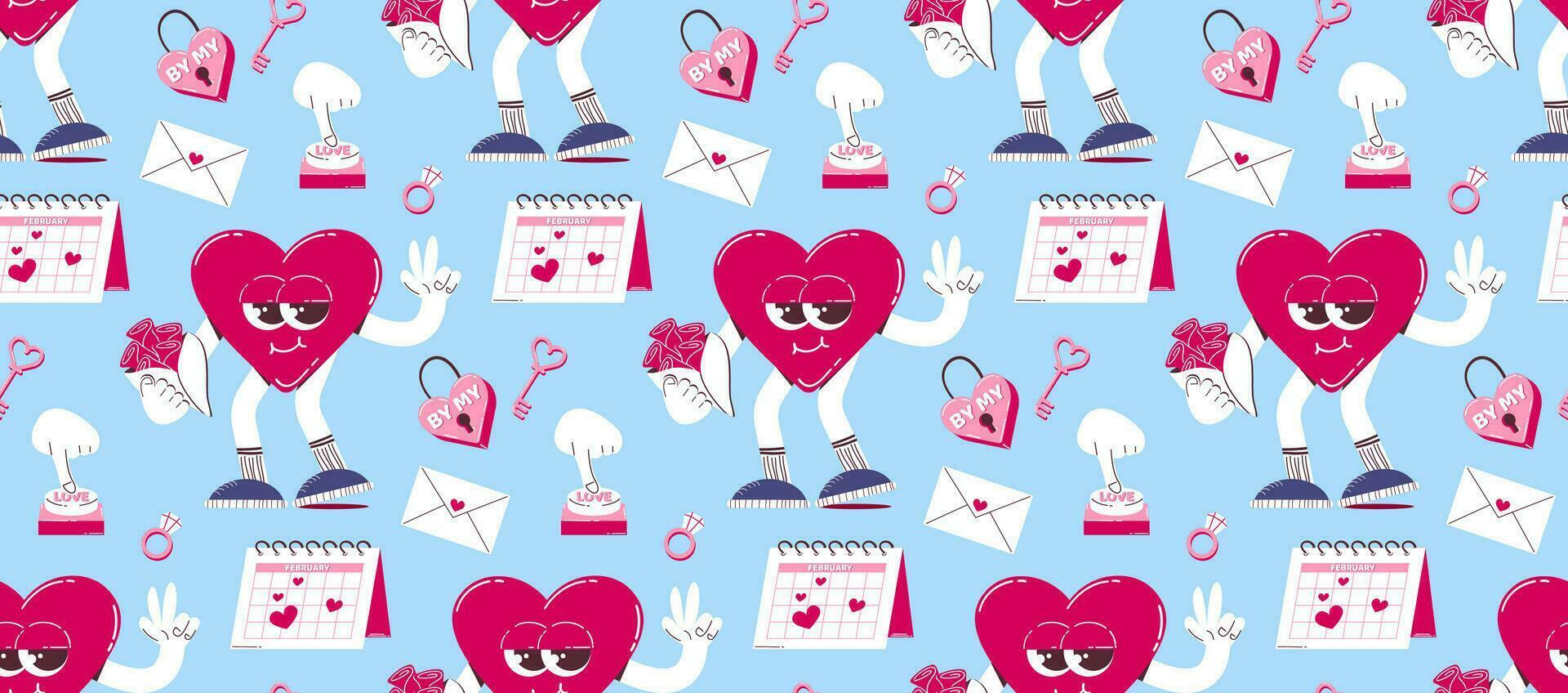 Pattern with a cute heart character with a bouquet of flowers, a heart-shaped castle and other elements in a retro cartoon style. Vector background for Valentine's Day.