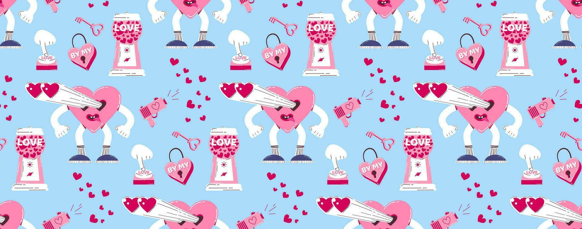 Pattern with a cute, loving heart character, a candy machine, a heart-shaped castle and other elements in a retro cartoon style. Vector background for Valentine's Day.