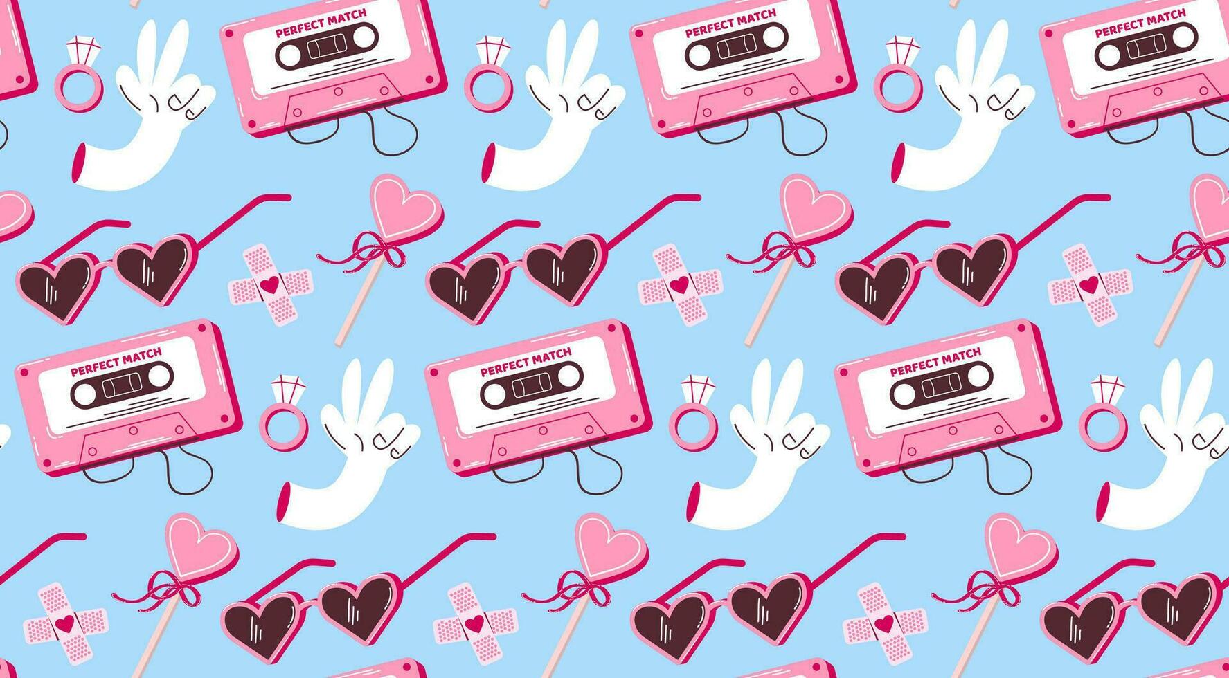 Pattern with pink cassette tape, heart-shaped glasses, pink patch, diamond ring and other elements in retro cartoon style. Vector background for Valentine's Day.