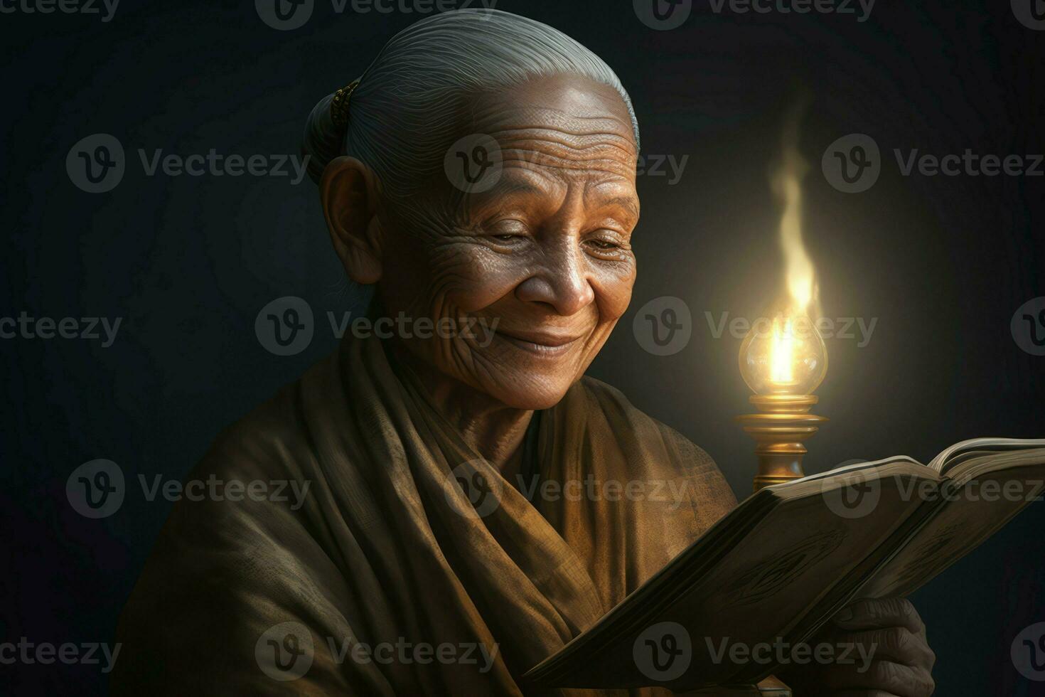 Smiling female monk reading book. Generate ai photo