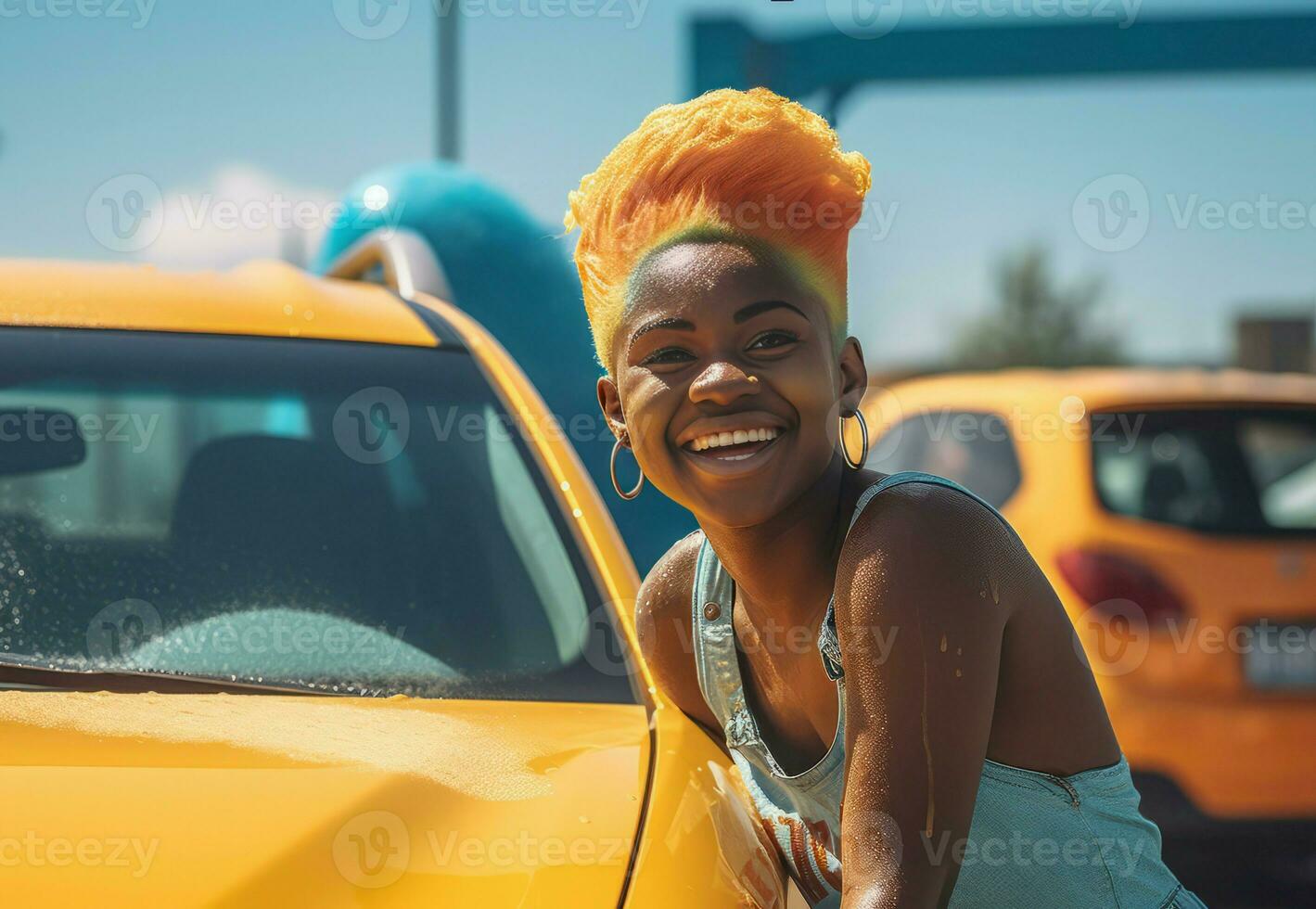 Woman summer car happy wash. Generate Ai photo