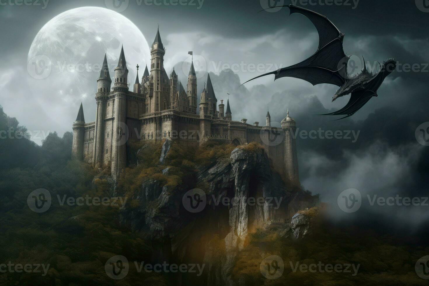 Dragon castle fantasy on rock. Generate Ai photo