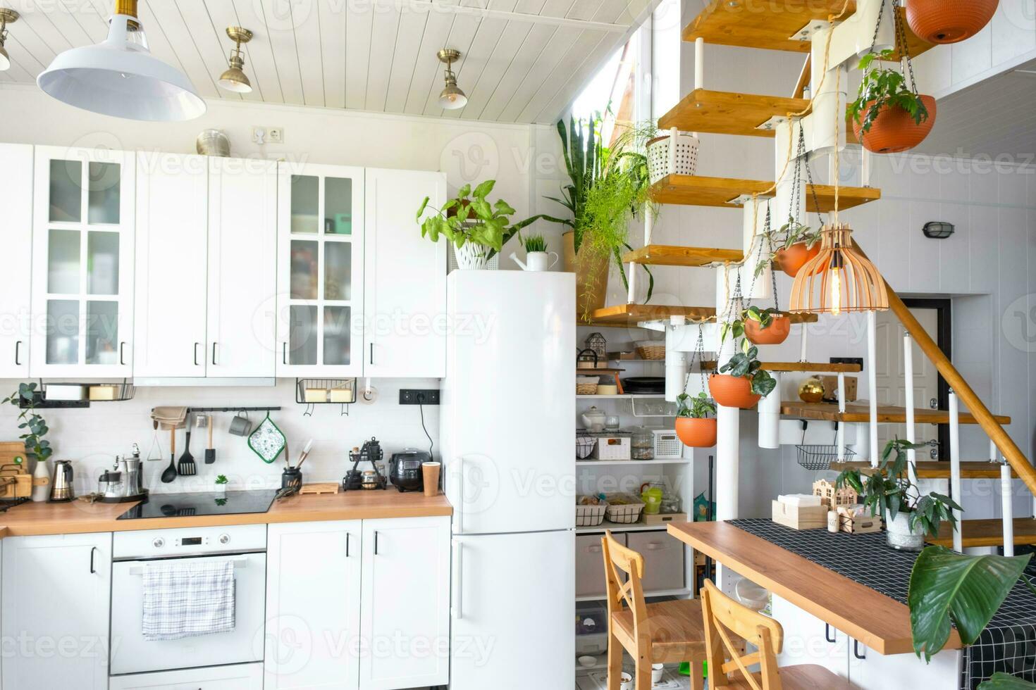 The general plan of a light white modern rustic kitchen with a modular metal staircase decorated with potted plants. Interior of a house with homeplants photo