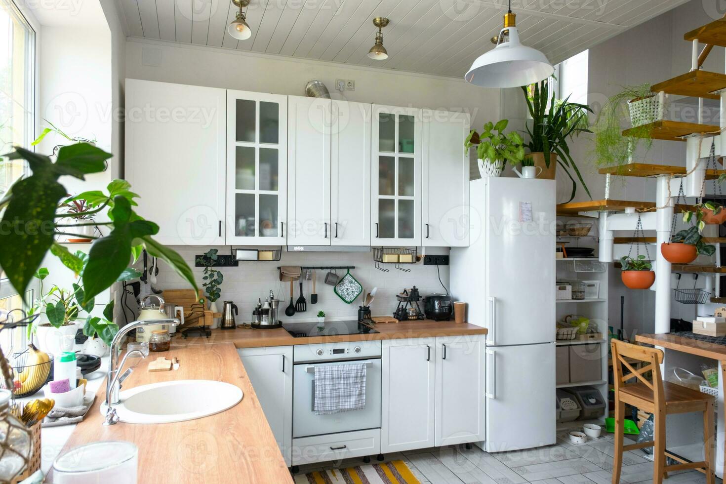 The general plan of a light white modern rustic kitchen with a modular metal staircase decorated with potted plants. Interior of a house with homeplants photo