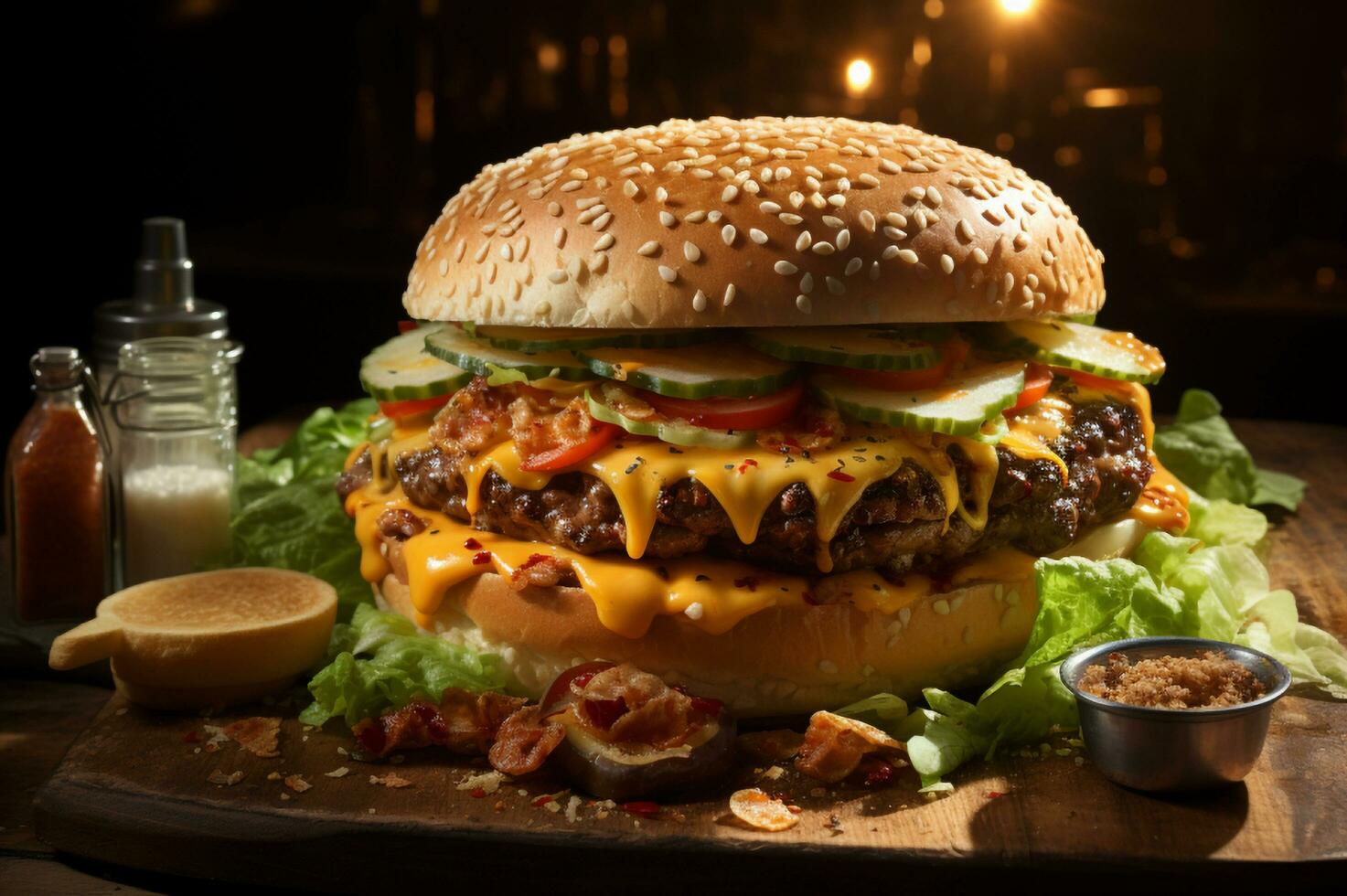 A big cheese burger on top of wooden table AI Generative photo
