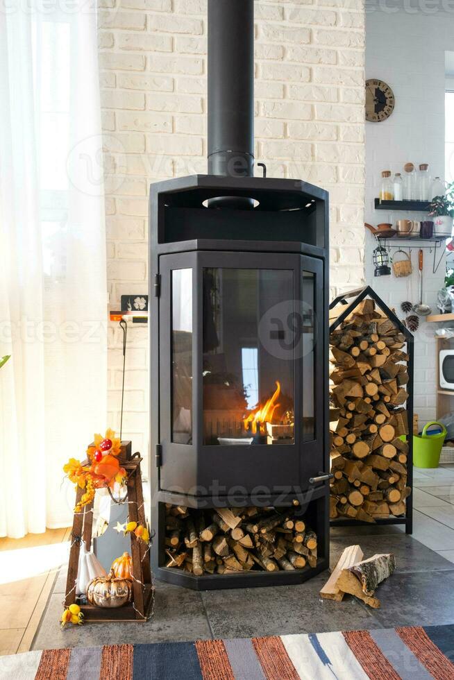 Bright sunny interior of the house with Black Metal Steel fireplace stove with fire and firewood with halloween decor and autumn mood. Cozy home hearth in interior with indoor potted plant photo