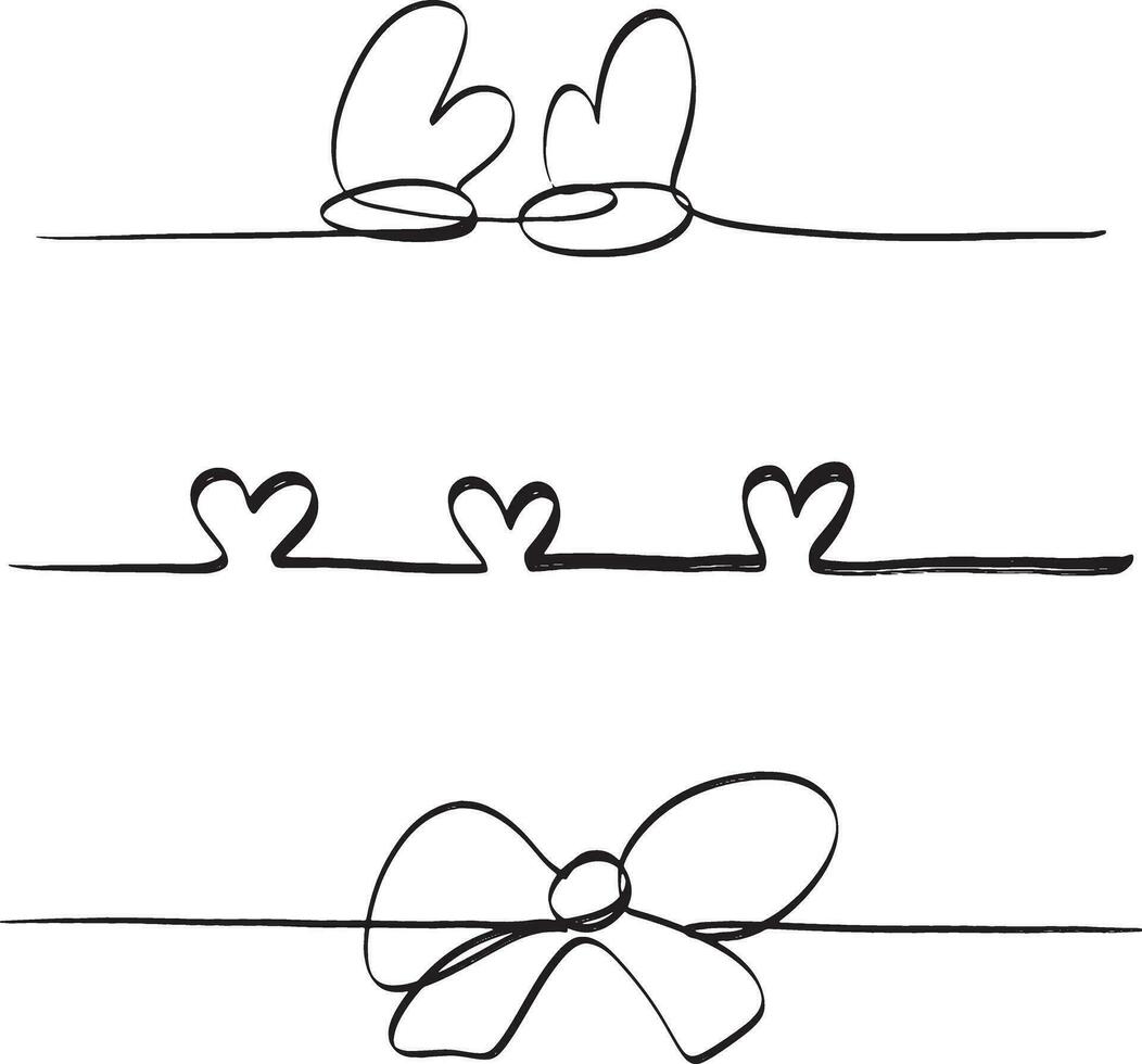 Continuous line. Single line concept sketch. Heart icon, Christmas tree, mitten, bow, happy holiday element vector illustration