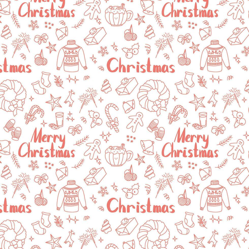 Merry Christmas Happy New Year seamless background pattern. Vector illustration doodles, thin line art sketch icons style concept