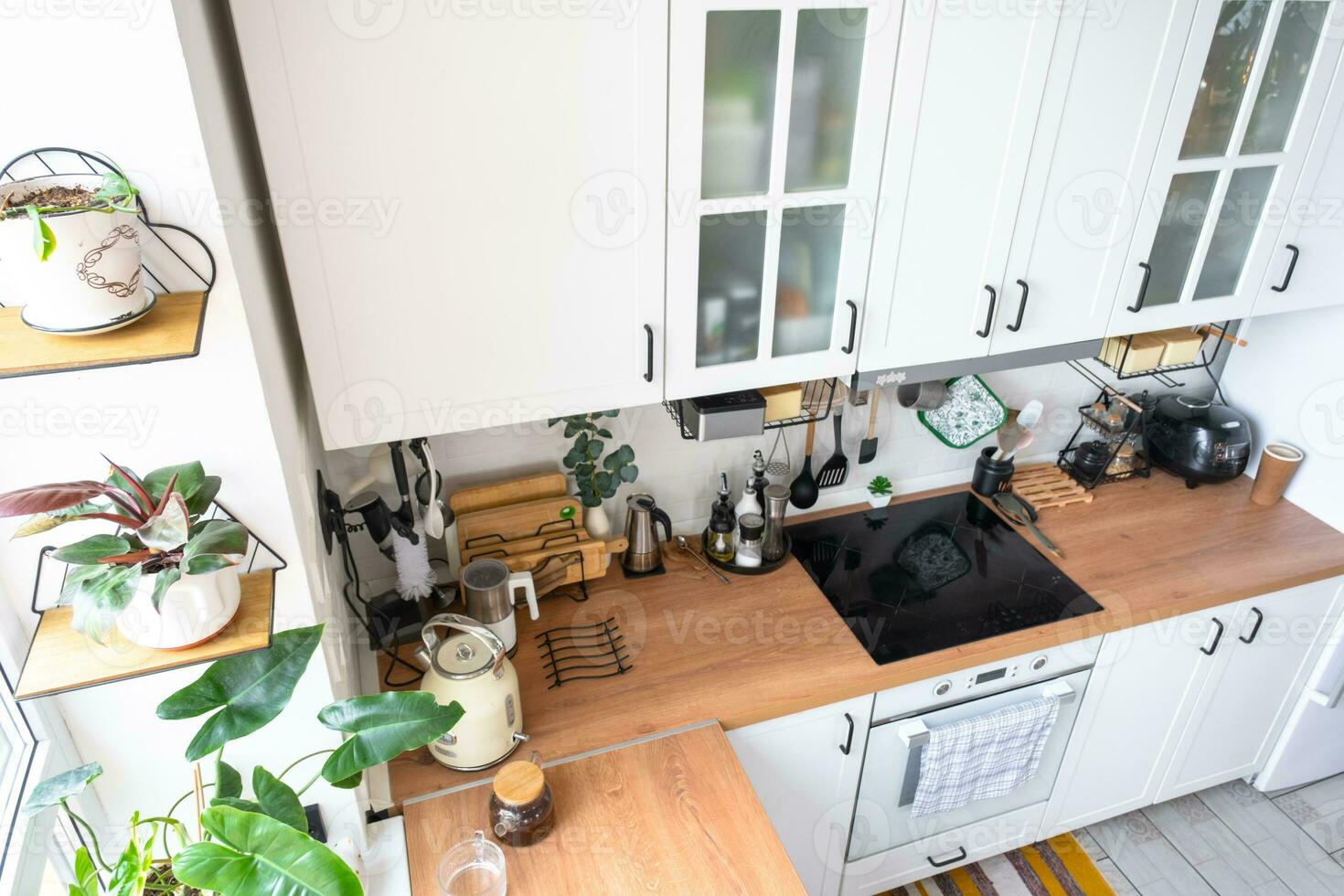 ligero blanco moderno rústico cocina decorado con en conserva plantas, estilo loft cocina utensilios interior de un casa con plantas de casa foto
