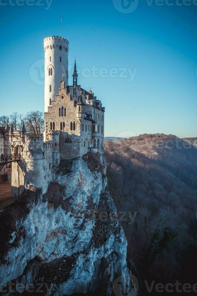 Ancient castle on the rock with a deep forest and blue sky on the background photo