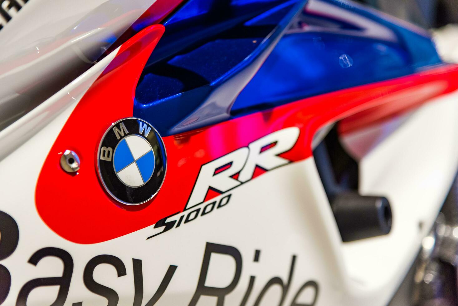 Munich, Germany - Aug 27, 2019 - Close up shot of BMW logo on a S1000 RR bike photo