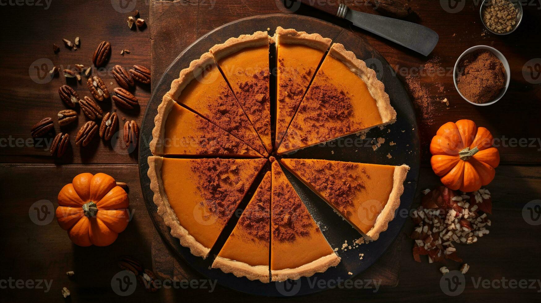 Generative AI, Homemade american traditional pumpkin pie, top view photo