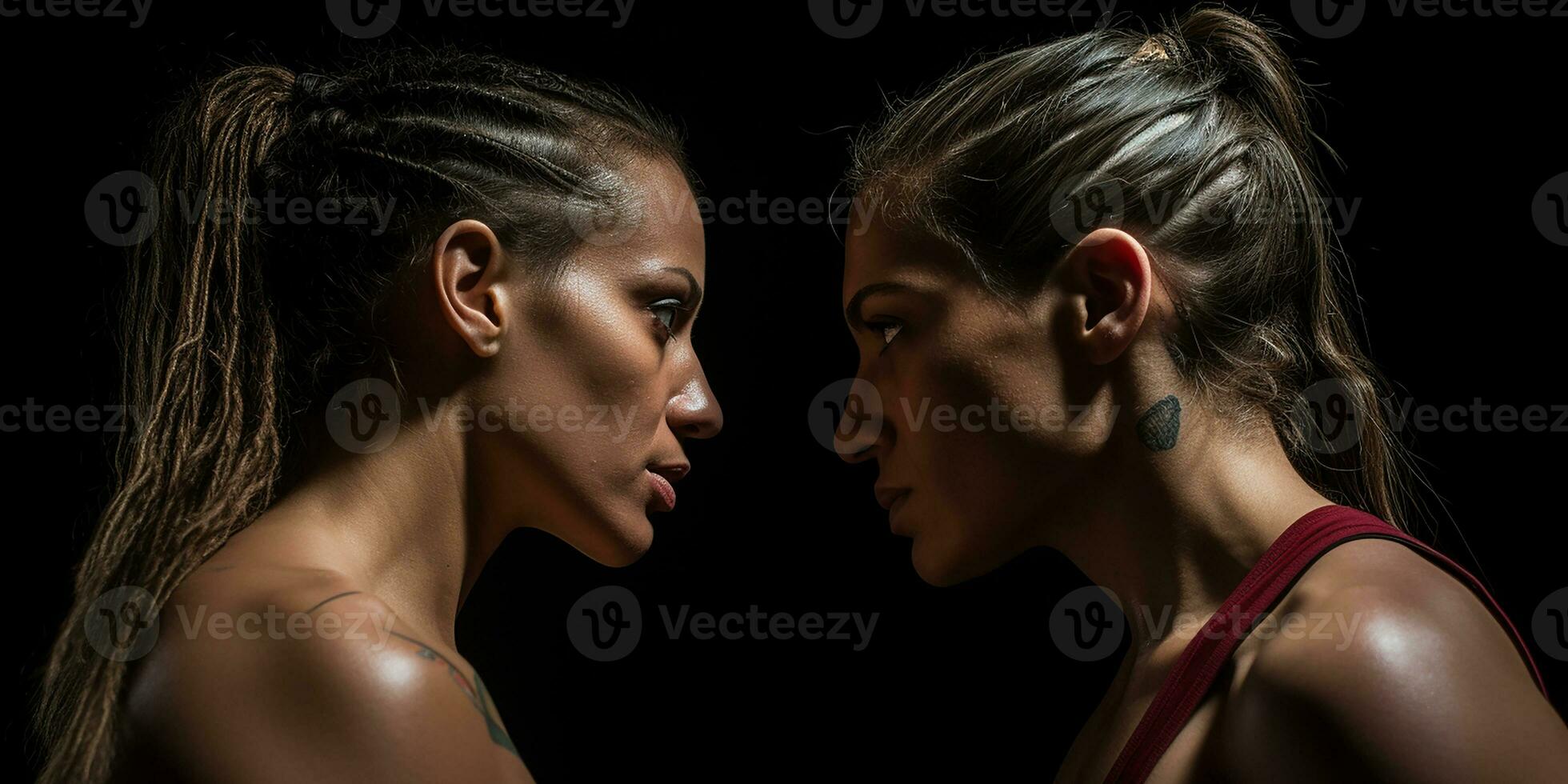 fotorrealista imagen de dos hembra boxeadores cara a rostro. luchar, duelo, kickboxing ai generado foto