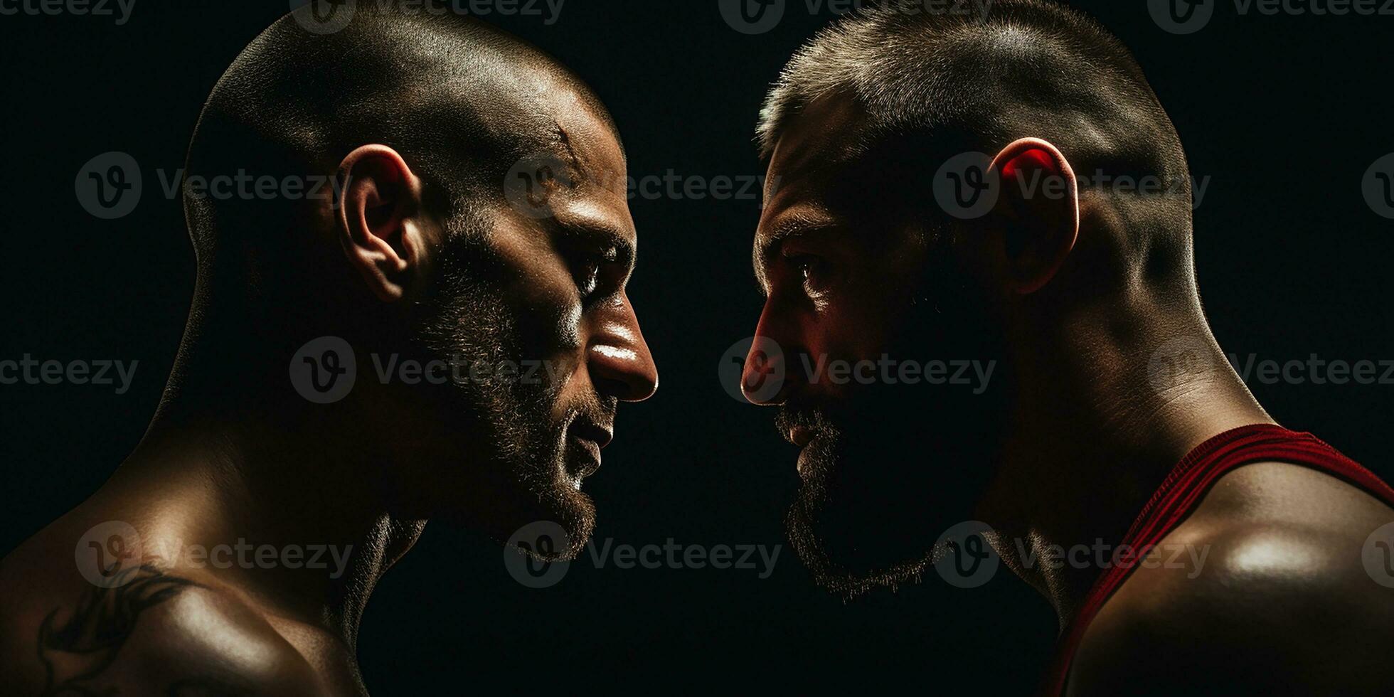 photorealistic image of two male boxers face to face. fight, duel, kickboxing. AI generated photo
