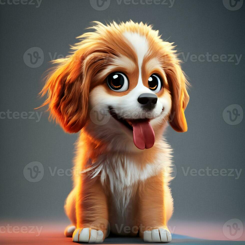 3D cute cartoon character of a fluffy, adventurous puppy for a web-based pet adoption platform photo
