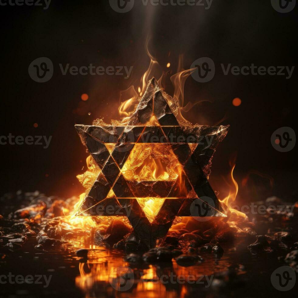 Jewish star on fire on a black background photo