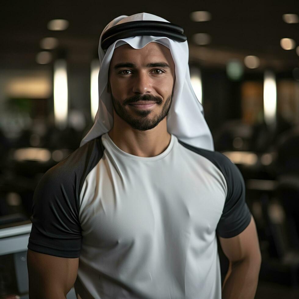 hermoso árabe joven hombre en deporte vestir en deportivo club foto