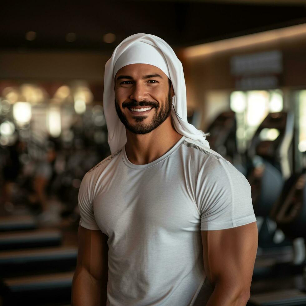 hermoso árabe joven hombre en deporte vestir en deportivo club foto