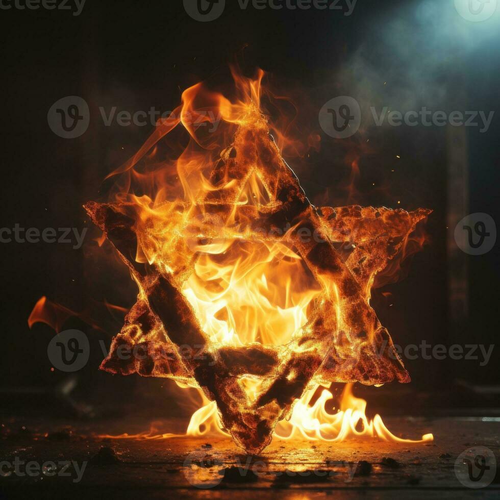 Jewish star on fire on a black background photo