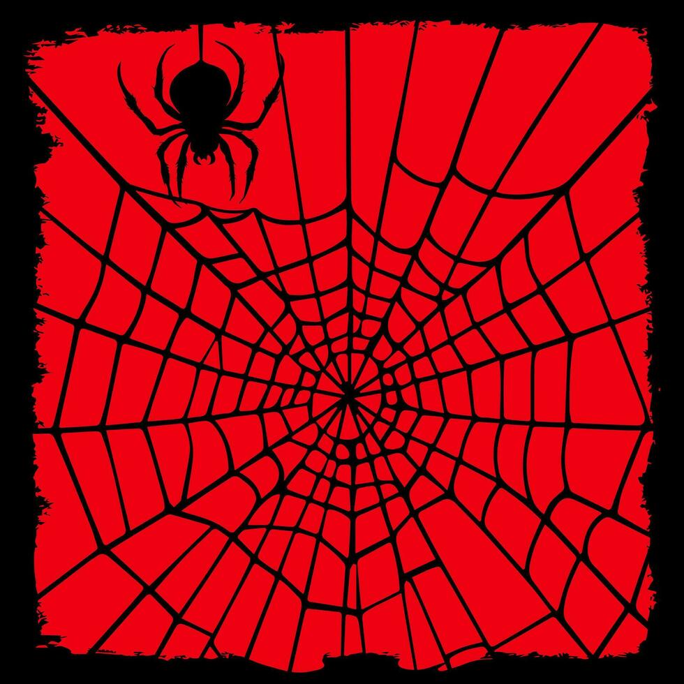 Red horror background with a silhouette of a spider round black web and a spider in a frame. vector