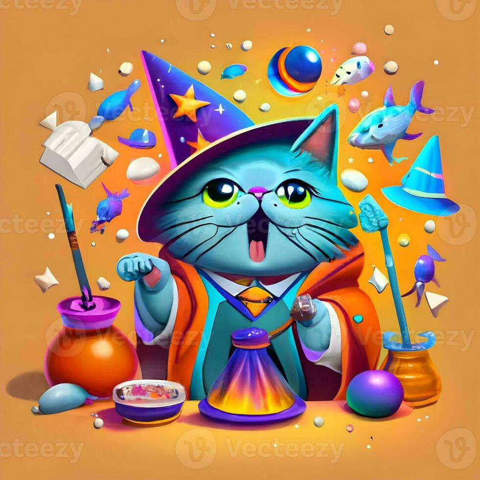 3D sticker template of a whimsical wizard cat wearing a pointed hat and casting a spell that goes hilariously wrong photo