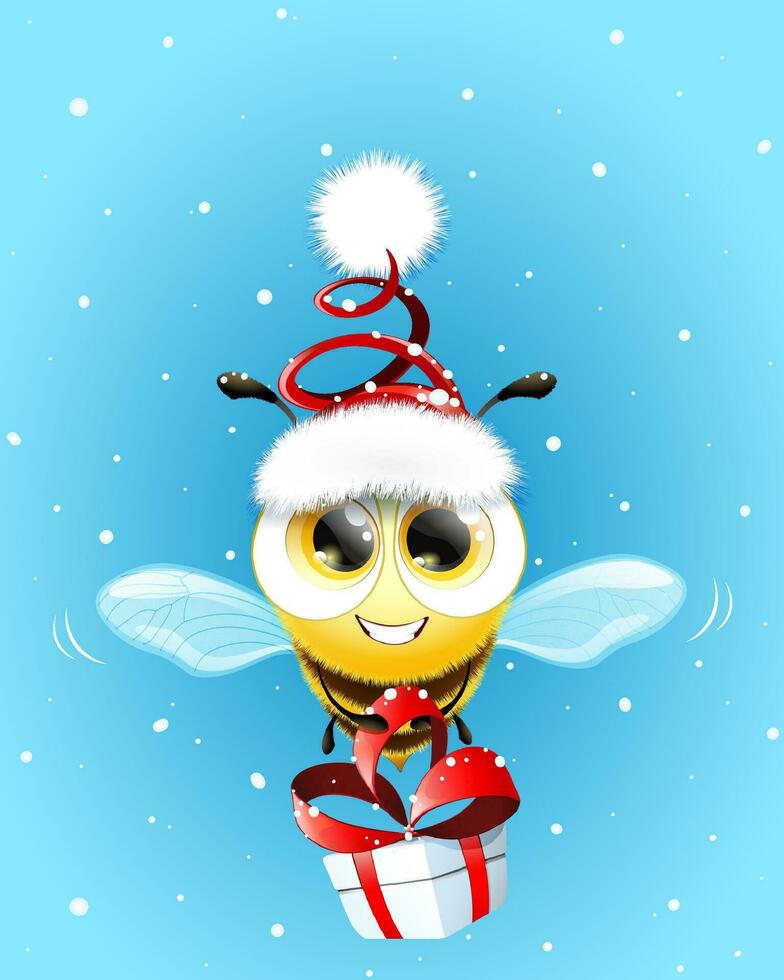 Cute funny cartoon Christmas fluffy bee Santa character with gift box. vector