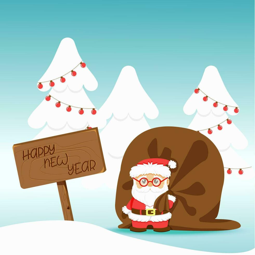 Merry Christmas and happy new year greeting card with cute Santa Claus, xmas tree and gift bag. Holiday cartoon character in winter season. Vector illustration