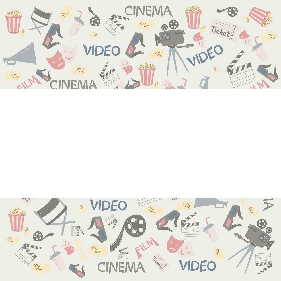 Cartoon cute doodles cinema frame design with space for text. Colorful detailed, with lots of objects background. Funny vector illustration. Border with movie theme items