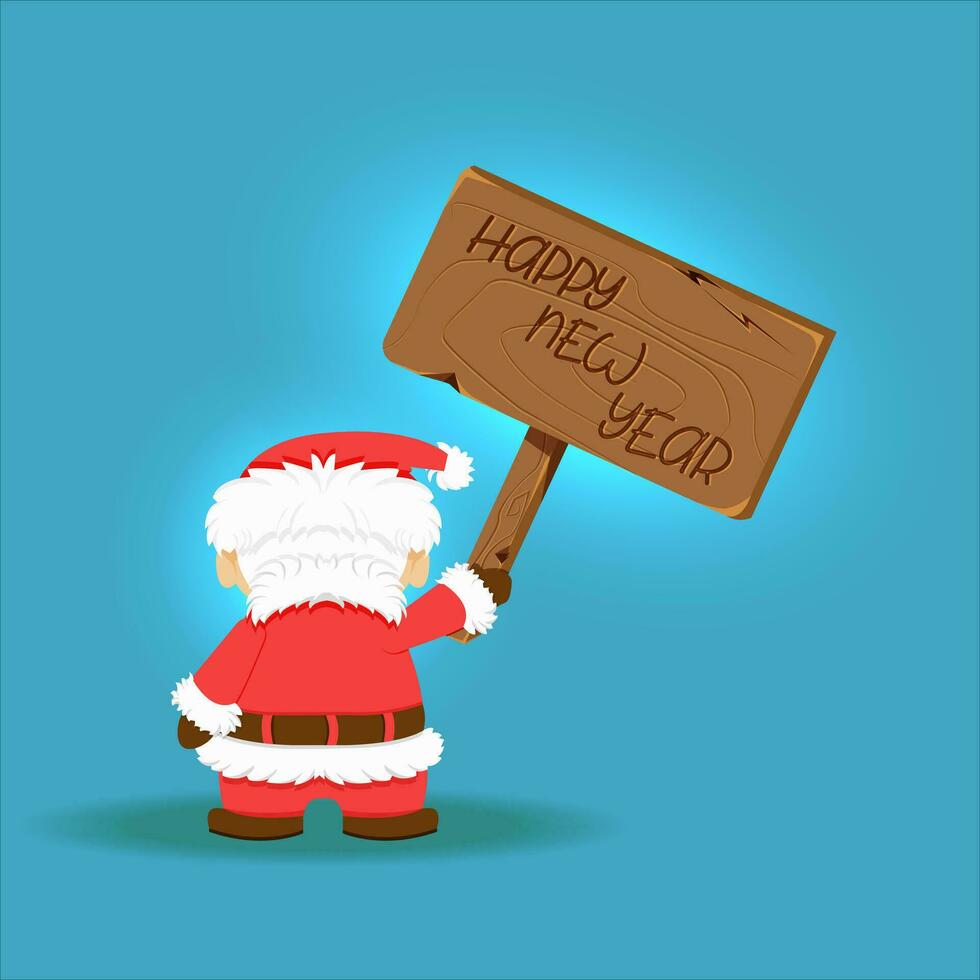 Santa Claus holding sign board, cartoon Christmas greeting card. Funny xmas character. New Year congratulation or postcard, presentation vector