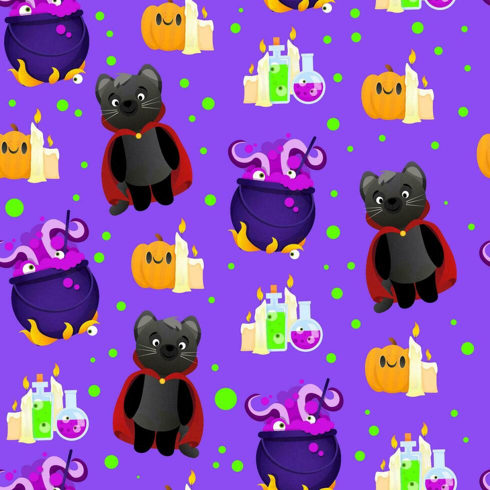 Hellomon seamless pattern of black cats, pumpkins and candles vector