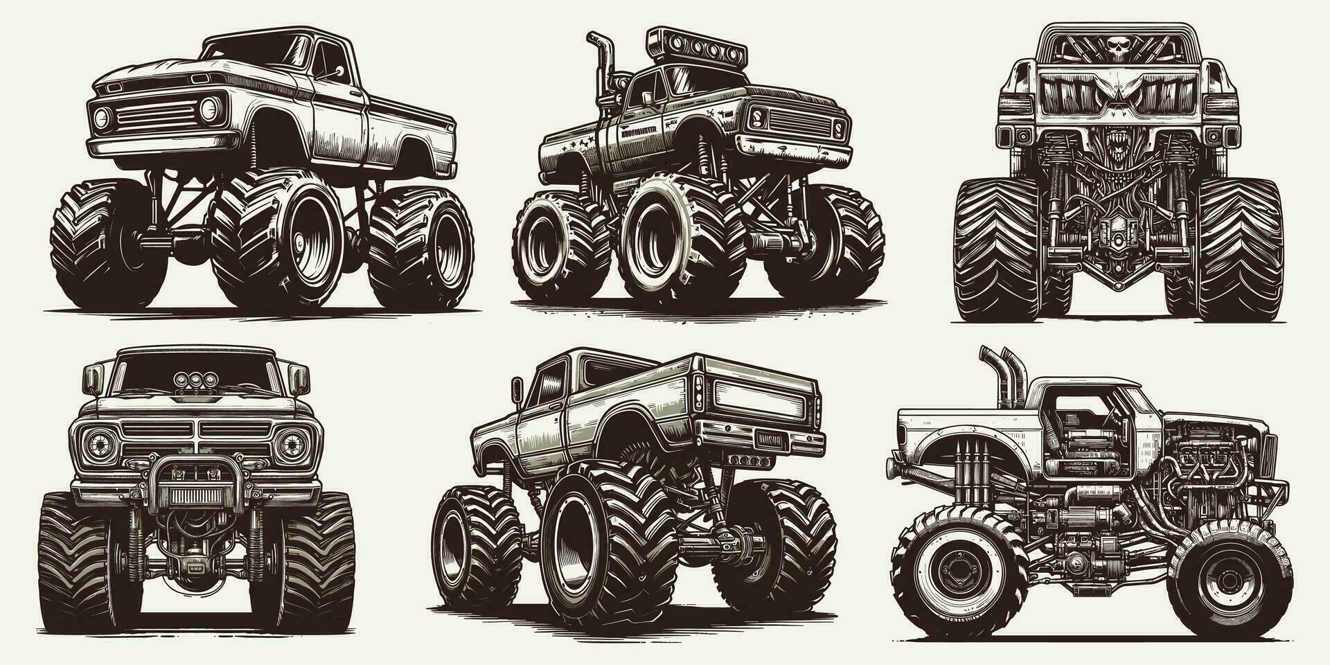 Vector Illustration Set of Monster Trucks black and white design