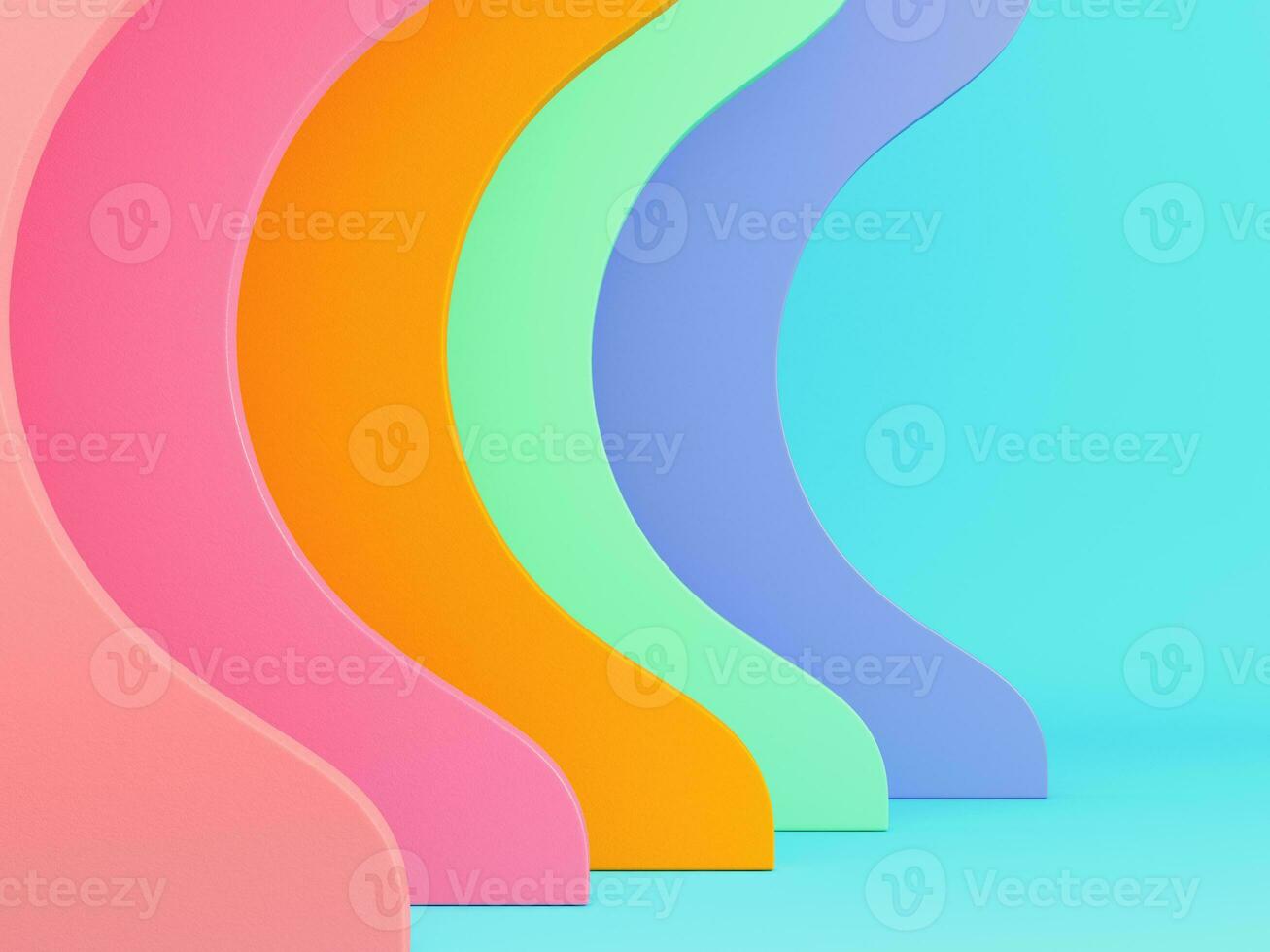 Abstract colorful geometrical waved shapes for display product on bright blue background in pastel colors. Minimalism concept photo