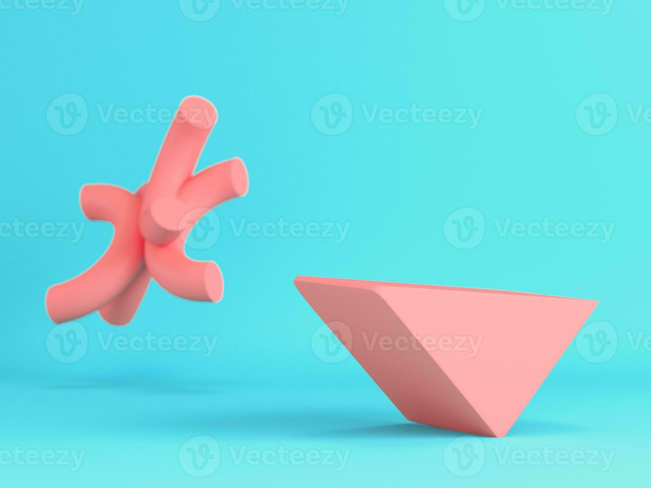 Abstract pink geometrical shapes for display product on bright blue background in pastel colors. Minimalism concept photo