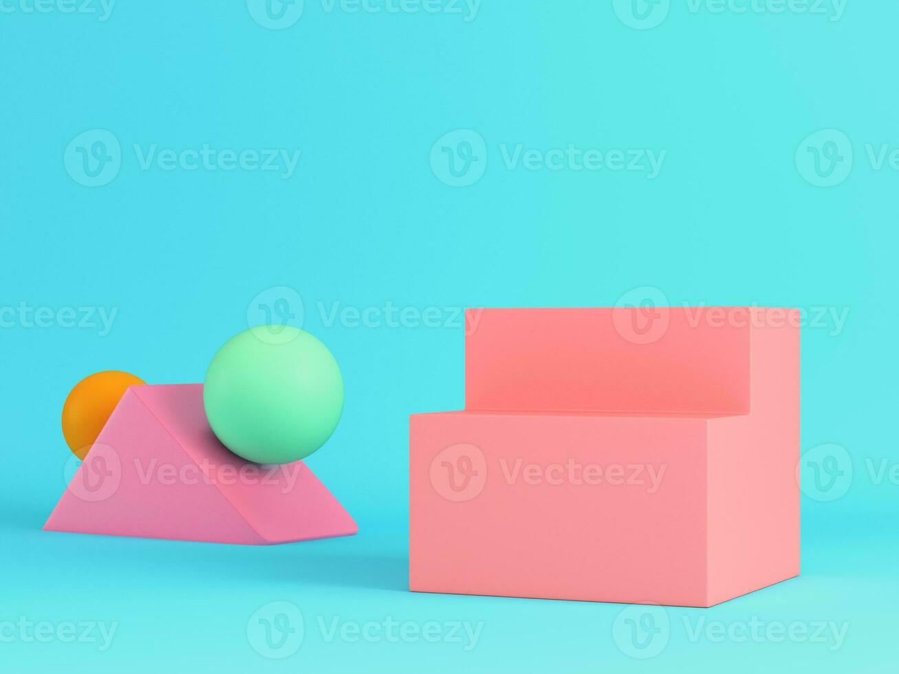 Abstract pink geometrical shapes for display product on bright blue background in pastel colors. Minimalism concept photo